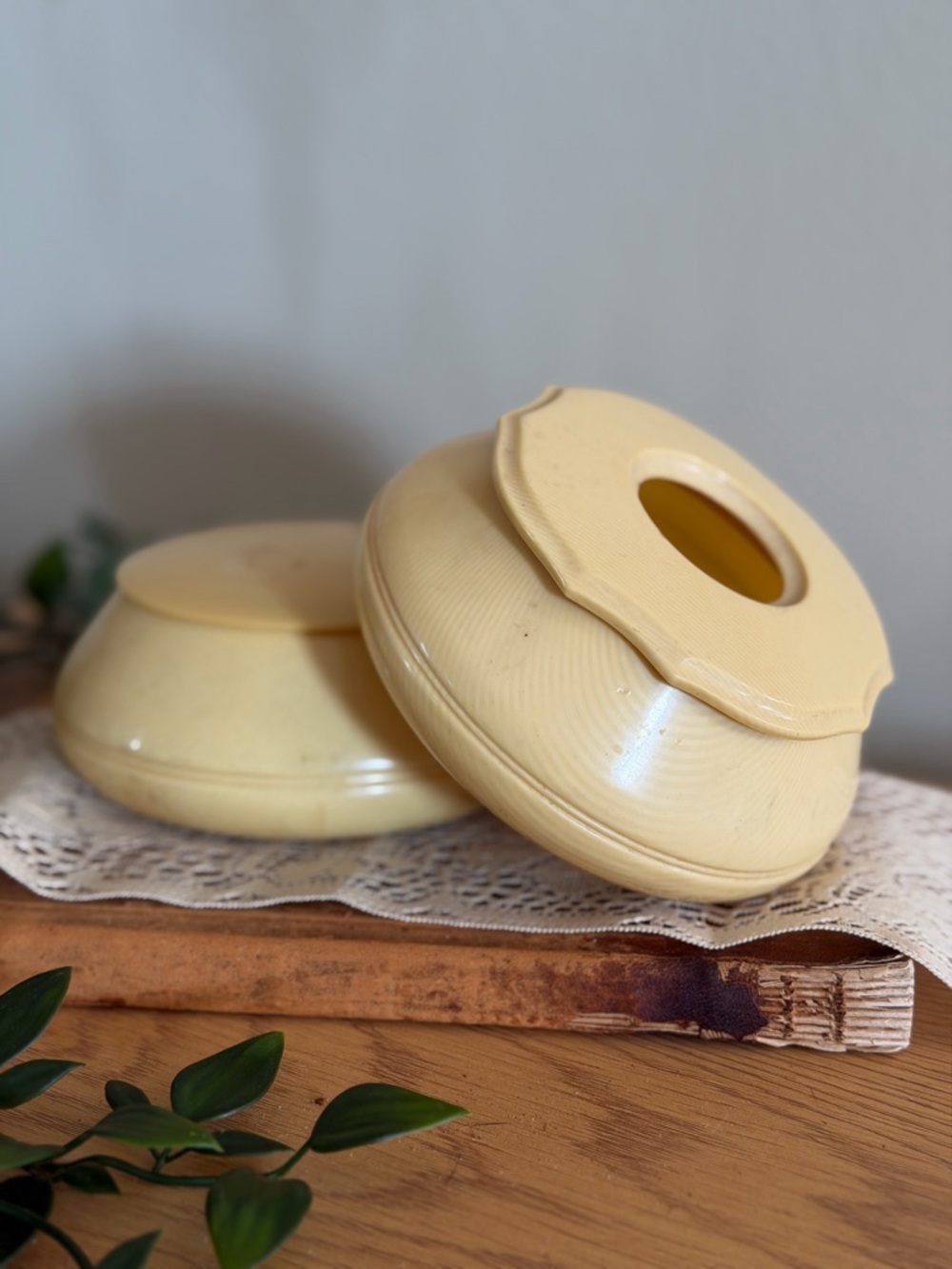 Celluloid ivory dresser box and hair received Set of 2